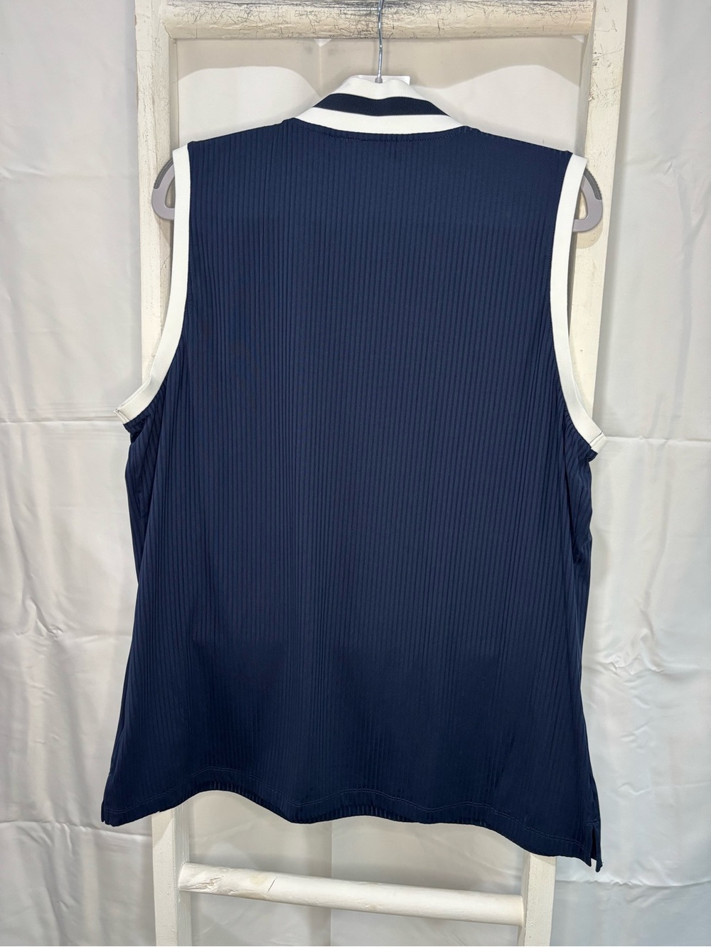 Lady Hagen Navy Sleeveless Zip Mock Collar Tank with White Trim Accents - Picture 2 of 3
